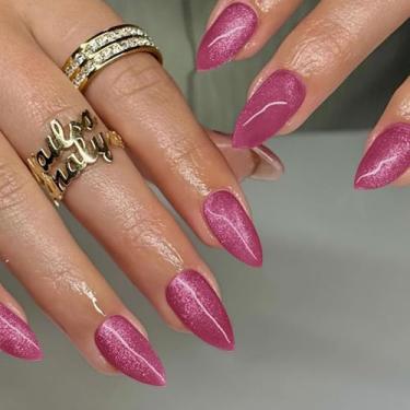 Imagem de Pregos rosa choque, pressão de olho de gato neon em forma de amêndoa média, cola com glitter SXVME em unhas falsas curtas, unhas postiças de acrílico grosso, unhas postiças brilhantes para mulheres