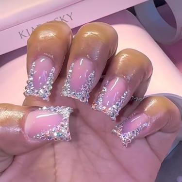 Imagem de Unhas postiças quadradas curtas de ponta francesa com 24 unidades/conjunto de strass com glitter, unhas postiças de acrílico, rosa, brilhante, cobertura total, cola artificial nas unhas, para mulheres