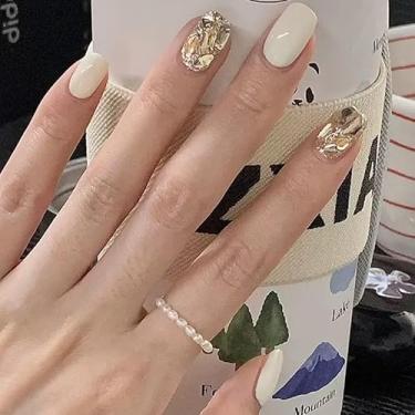 Imagem de Unhas postiças curtas quadradas 3D ouro cristal branco base unhas postiças unhas postiças longa brilhante cobertura completa cola no salão de beleza de qualidade reutilizável durável para mulheres