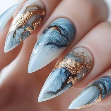 Imagem de RUOKEXIN Unhas postiças ombres azuis amêndoas pregos postiços com glitter dourado com desenhos de comprimento médio cola em unhas artificiais brilhantes unhas fofas para mulheres, 24 peças