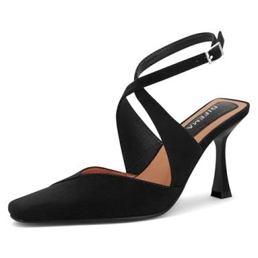 Imagem de DIFEMA Sandália feminina de salto fechado com bico fino e tira no tornozelo, salto alto com tiras, Preto, 37