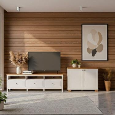 Imagem de Conjunto de Sala 2 Peças 1 Rack e 1 Armário Multiuso Ananda Cabecasa Madeiramadeira Off White/Mel