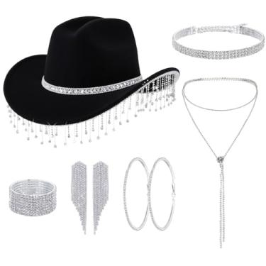 Imagem de Hercicy Conjunto de 7 peças de joias de chapéu de vaqueira com glitter, roupa feminina de cowboy para noiva, despedida de solteira, festa de Halloween, Preto, tamanho �nico
