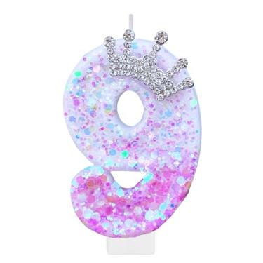 Imagem de Vela roxa de aniversário número 9 para bolo, coroa roxa, enfeite de bolo, decorações de festa de aniversário de princesa, enfeite de cupcake, lembrancinhas de festa, suprimentos de decoração