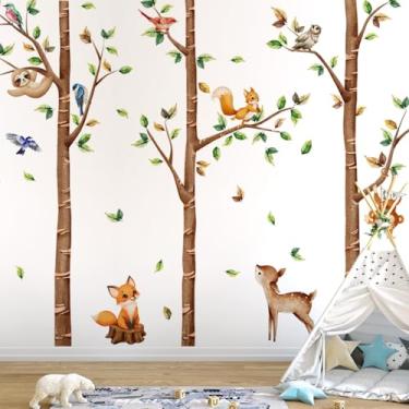 Imagem de Decalques de parede de bétula grandes animais da floresta adesivos de parede macaco pássaro raposa veado floresta animais decoração de parede para berçário de bebê quarto de crianças sala de jogos
