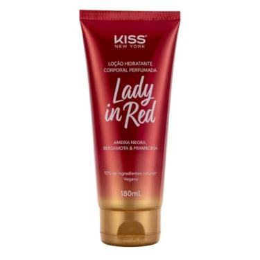 Imagem de Loção Hidratante Corporal Perfumada Kiss New York Lady in Red,Vegana, com Ameixa Negra, Bergamota e Framboesa, 180mL, Ingredientes Naturais, Hidratação Intensa e Prologanda.