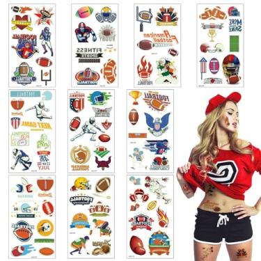 Imagem de 10 folhas de tatuagens temporárias de futebol americano tópico esportivo luminoso fluorescente tatuagem temporária Super Bowl tatuagem falsa para homens mulheres meninos meninas bola gmae lembrancinha