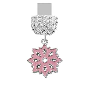 Imagem de ELISE & FONDA TP917 Tipo-C porta de carregamento cristal antipoeira pingente de celular pequeno floco de neve de Natal para iPhone 15/16/Samsung/OnePlus/Xiaomi/oppo telefones Android (rosa)