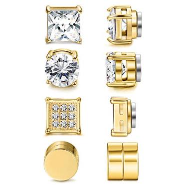 Imagem de Jstyle Conjunto de 4 pares de brincos magnéticos de aço inoxidável para homens e mulheres com zircônia cúbica dourada sem piercing de 6 a 8 mm, 7 MM, Aço inoxidável, Zircônia cúbica