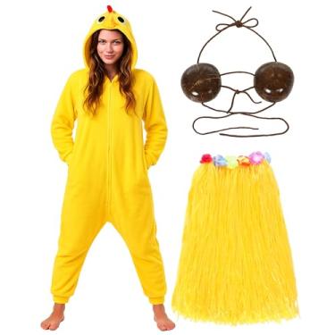 Imagem de Yearntown 3 peças acessórios de fantasia de galinha de Halloween unissex pijama de flanela sutiã concha de coco e saia de grama amarela (G)