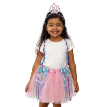 Imagem de Fantasia Infantil Princesa com Saia, Tiara e Trança Colorida, Tamanho Único (Saia Rosa)