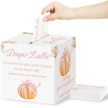 Imagem de Aukolass 50 peças de bilhetes de sorteio de fraldas de abóbora com caixa, caixa de cartão de sorteio de fraldas com tema de outono para jogos de chá de bebê, revelação de gênero, festa, convite, jogo