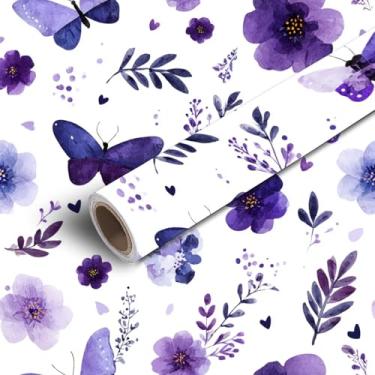 Imagem de Papel de parede de 45 x 299 cm, sem costura, borboleta, roxo, floral, romântico, elegante, violeta, borboletas, papel de contato, autoadesivo, removível, à prova d'água, para quarto e cozinha