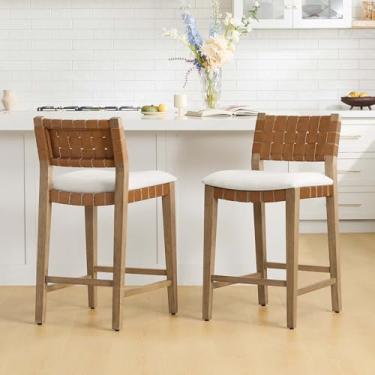 Imagem de CHITA Conjunto de 2 bancos de bar de 66 cm de altura com encosto, bancos de balcão tecidos à mão com moldura de madeira para ilha de cozinha e bar doméstico, sela marrom