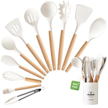 Imagem de SAKAMOSH Conjunto de utensílios de cozinha de silicone com suporte, conjunto de 12 utensílios de cozinha resistentes ao calor com cabo de madeira, espátula sem BPA, pinças e colheres para panelas