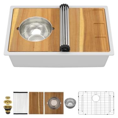 Imagem de Talllor Pia de cozinha composta de 30 granitos – 76 cm x 48 cm branco submontado em granito para pia de cozinha, estação de trabalho, tigela única, quartzo branco sob o balcão, pias multifuncionais