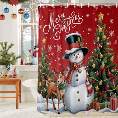 Imagem de DecorLovee Cortina de chuveiro vermelha de Natal, cortinas de chuveiro impermeáveis com boneco de neve de alce para banheiro, árvore de Natal, floco de neve, tecido lavável, conjunto de cortinas de