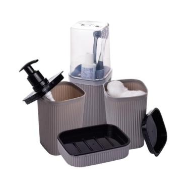 Imagem de " Kit Banheiro Conjunto Lavabo Pia 4 Peças Classic Frisos Cinza com Saboneteira Porta Sabonete Líquido Porta Algodão e Porta Escova de Dente Conjunto Resistente e Durável Design Moderno Elegante"