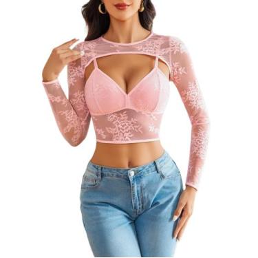 Imagem de Conjunto de blusa curta de renda de manga comprida de 2 peças Avidlove