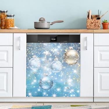 Imagem de Bola de Natal, capa de ímã para lava-louças, painel, azul, dourada, capas magnéticas, para lava-louças, adesivo, decalque decorativo de Natal, capa de máquina de lavar roupa para cozinha doméstica, 58