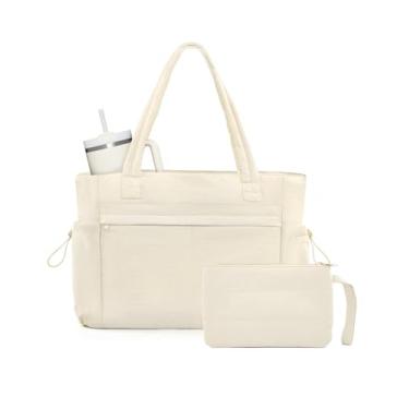 Imagem de Bolsa feminina de trabalho acolchoada com compartimento para laptop de 15,6 polegadas e porta-copos, bolsa de ombro com zíper, Bege, Large, Sacola acolchoada com bolsa de maquiagem