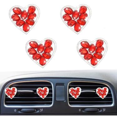 Imagem de Pacote com 4 clipes de ventilação de coração de cristal cintilante, lindos clipes de ventilação de purificadores de ar de carro engraçados, acessórios universais automotivos para mulheres (vermelho)