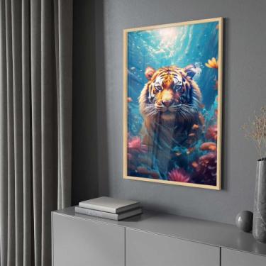Imagem de Quadro Decorativo com Moldura e Acrilico Cristal Vidro Tigre Mar Sala 