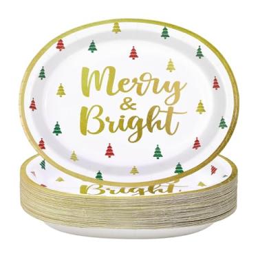 Imagem de 50 peças de pratos ovais de Natal, 25,4 x 30,5 cm, grandes, descartáveis, resistentes, vermelho, verde, árvore de Natal, pratos de sobremesa, para Natal, inverno, férias, jantares e festas