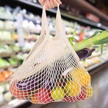 Imagem de Sacos de supermercado de malha premium, sacola de rede reutilizável para frutas e vegetais para compras, praia, armazenamento de frutas e vegetais, bege (portátil/lavável/durável)