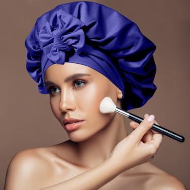 Imagem de Touca de cabelo de cetim de seda para dormir à noite, chapéu com faixa de amarrar, gorro preto com envoltório de cabeça (azul marinho)