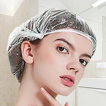 Imagem de Pacote com 100 toucas de banho descartáveis – Protetores de cabelo de plástico transparente premium para mulheres, extra grandes, grossas e respiráveis