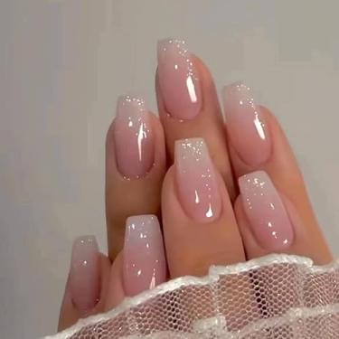 Imagem de Unhas postiças de pressão com rosa e branco, unhas postiças com glitter de comprimento médio com kit de cola, design de glitter gradiente, unhas de acrílico prensadas, unhas falsas artificiais para