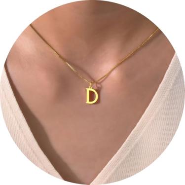 Imagem de Colar com inicial para mulheres, pingente de letra de aço inoxidável banhado a ouro 18K, bloco de A a Z, joia personalizada do alfabeto, 18+2in, Aço inoxidável, Sem Pedra Preciosa