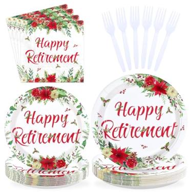 Imagem de Greencian 96 peças de artigos de festa de aposentadoria de Natal, vermelho, pratos e guardanapos florais de inverno, descartáveis, Happy Retirement, para decoração de festa de despedida de Natal