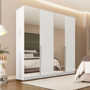 Imagem de Guarda Roupa Roupeiro 4 Portas 4 Gavetas com Espelho Porto Branco Politorno Móveis