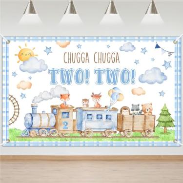 Imagem de Chugga Chugga Dois Pano de Fundo Tema Trem 2º Aniversário Decorações Banner Tema Animais Faixa de 2º Aniversário Suprimentos de Festa Infantil (1,8 x 1,1 m)