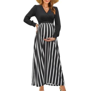 Imagem de Vestido maxi de maternidade OUGES, manga comprida, decote em V, floral