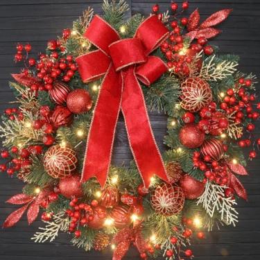 Imagem de DFRREN Guirlanda de Natal de 61 cm para porta da frente com ramos de pinheiro, frutas vermelhas, bolas de ornamento, arco e 50 luzes de LED, para parede interna e externa, cornija de lareira