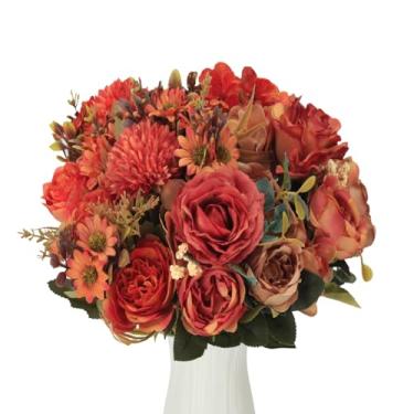Imagem de PapakeNook 3 ramos de flores artificiais, rosa artificial de seda laranja queimada, pompom e pequenas margaridas, decorações de outono para casa, casamento, jardim, festa, buquê de mesa