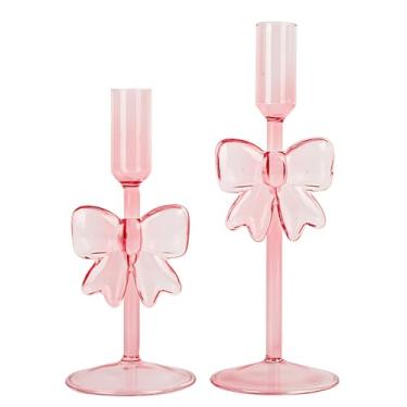 Imagem de Bow Design 2 peças de castiçais de vidro, decoração romântica de casamento, suportes de vara, mesa central alta e baixa, decoração de casa, noivado e dia dos namorados