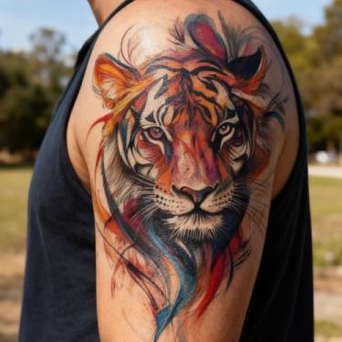 Imagem de Multicolorido, moderno, legal, agressivo, meio braço, padrão de tigre, flor, peito, abdômen, perna, braçadeira, tatuagem, tatuagem, temporária, impermeável, adesivo, 1 pacote