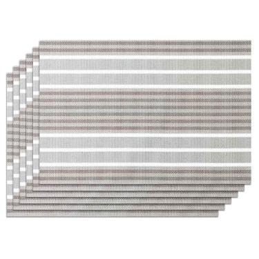 Imagem de Privalace Jogo americano de mesa de jantar, conjunto de 6 tapetes de mesa laváveis antiderrapantes resistentes ao calor, tapetes de PVC duráveis para festas ao ar livre (listras cinzas)