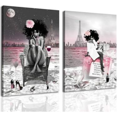 Imagem de 2 peças emolduradas meninas negras afro-americanas decoração de arte de parede mulheres rosa e cinza pinturas abstratas moda mulheres negras quadros pôsteres para sala de estar quarto banheiro