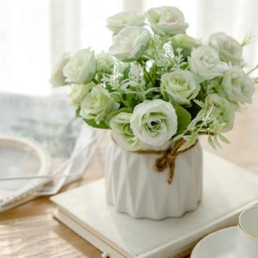Imagem de TKAS Arranjo de flores falsas em vaso de cerâmica, rosas artificiais de seda sintética, floral pequeno realista de estilo seco, mesa de jantar para decoração de casa de festa de casamento (verde)