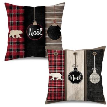 Imagem de UZFNY Capas de almofada rústicas de Natal 45,7 x 45,7 cm - Conjunto de 2, Urso Branco Dupla Face e Buffalê Vermelho Preto Xadrez Capas de Almofada Decorativas para Noel, Férias de Inverno, Decoração