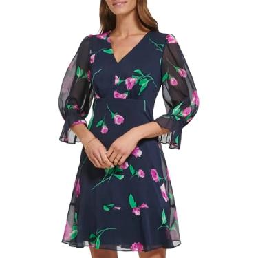 Imagem de DKNY Vestido feminino com gola V e manga balão com bainha de babados, Azul marinho/framboesa multi, 44