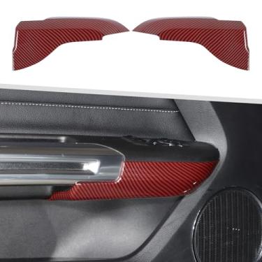 Imagem de Jimen Adequado para Ford Mustang 2015-2024, 2 peças de acabamento da tampa do painel do apoio de braço da porta interna (fibra de carbono vermelha)
