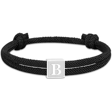 Imagem de OANM studio Pulseira com inicial de corda para homens, pulseira de aço inoxidável com pingente de letra A-Z, pulseira masculina trançada feita à mão ajustável de 17 a 33 cm, joias para ele, One Size,