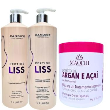 Imagem de Kit Alisamento Redutor de Volume Antifrizz Profissional Peptide Liss Ativo 1L+Shampoo Pré Tratamento+Máscara De Reparação e Hidratação Pós Quimica 1KG