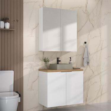 Imagem de Conjunto de Gabinete e Armário de Banheiro com Espelho Nature 4 Portas Branco 75 cm